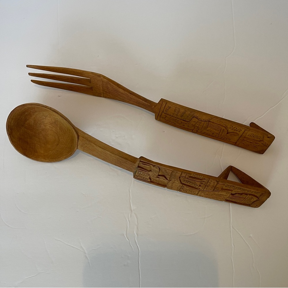 Vintage Carved Teak Salad Servers Fork/Spoon